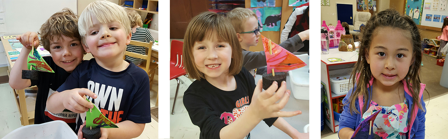 three pictures of Junior Explorers students playing in the classroom